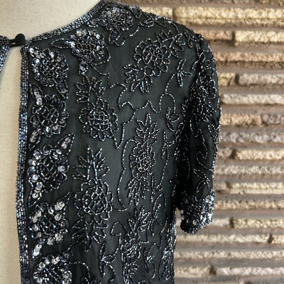 Papell Boutique Evening Navy Blue Beaded 100% Silk Size Medium - Picture 7 of 9
